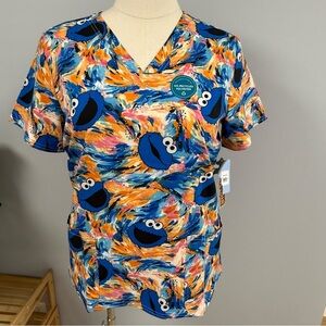 NWT Cookie Monster Cherokee Tooniforms Scrub Top Sesame Street Scrubs Uniform